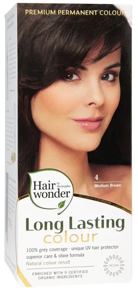 HAIRWONDER (spalva: vidutinė ruda 4) plaukų dažai ilgalaikiai su 9 ekologiškais augaliniais ekstraktais