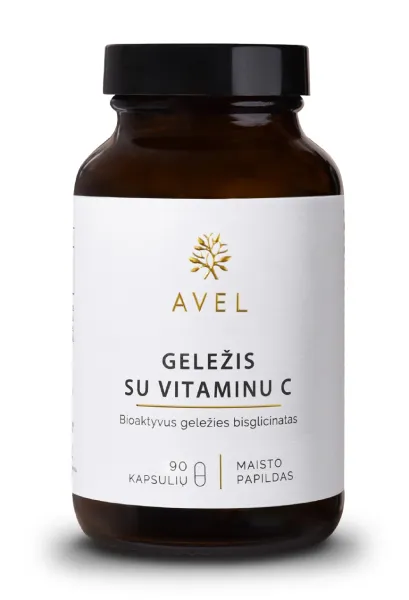 Maisto papildas AVEL GELEŽIS SU VITAMINU C bioaktyvus geležies bisglicinatas kapsulės N90