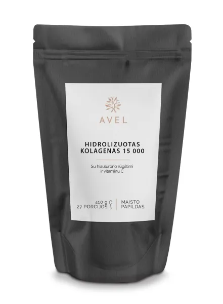 Maisto papildas AVEL HIDROLIZUOTAS KOLAGENAS 15 000 su hialurono rūgštimi ir vitaminu C 410g 27 porcijos (milteliai)