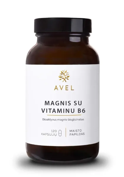 Maisto papildas AVEL MAGNIS SU VITAMINU B6 bioaktyvus magnio bisglicinatas kapsulės N120