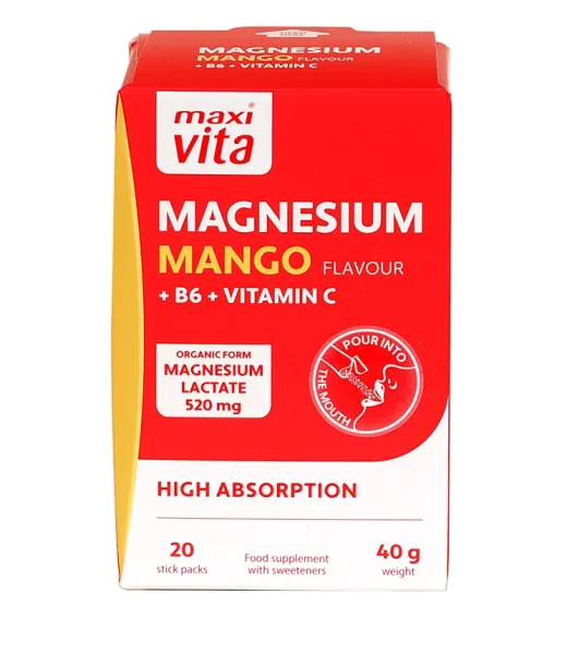 Maisto papildas MAXIVITA Magnesium MANGO (magnio laktatas 520mg) + B6, C miltelių pakeliuose N20