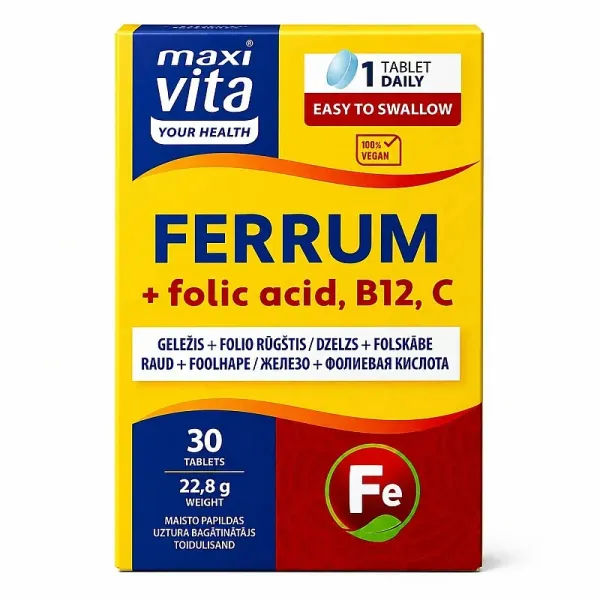 Maisto papildas MAXIVITA Geležis + folio rūgštis + B12 - Vitaminas C tabletės N30