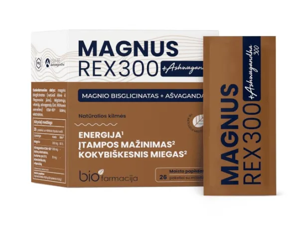 Maisto papildas MAGNUS REX 300 + Ashwagandha 300 milteliai pakeliuose N26