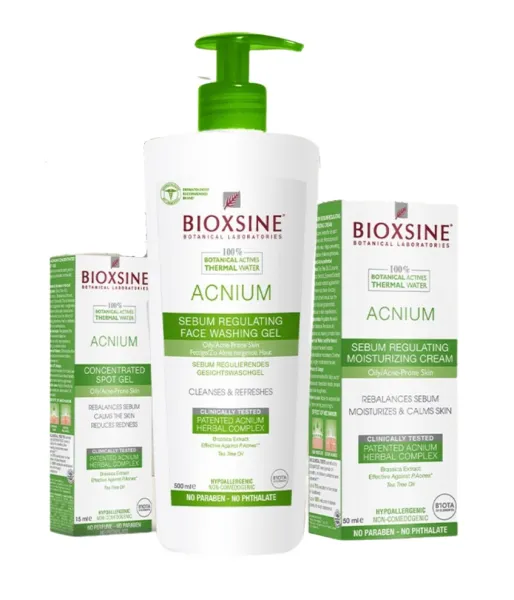 BIOXSINE rinkinys: Veido prausiklis riebiai į aknę linkusiai odai 500ml + drėkinamasis kremas riebiai į aknę linkusiai odai 50ml + koncentruotas gelis nuo spuogų 5ml