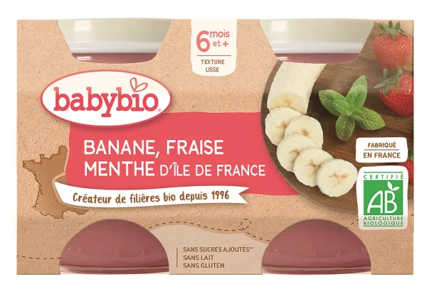 BABYBIO ekologiška banannų, braškių ir mėtų tyrelė (nuo 6 mėn.) 2x130g