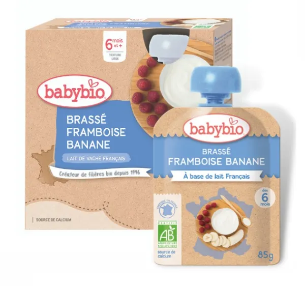 BABYBIO ekologiška jogurto su bananais ir avietėmis tyrelė (nuo 6 mėn.) 4x85g