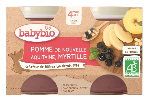 BABYBIO ekologiška mėlynių ir obuolių tyrelė (nuo 4 mėn.) 2x130g