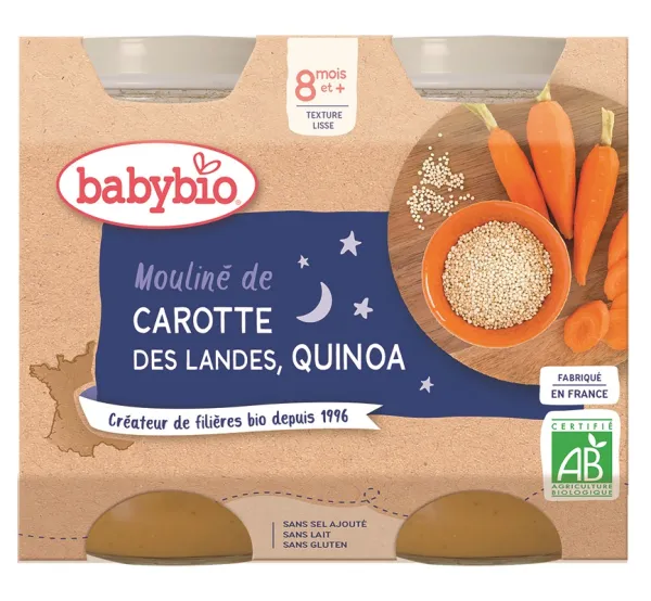 BABYBIO ekologiška morkų ir bolivinės balandos tyrelė (nuo 8 mėn.) 2x200g