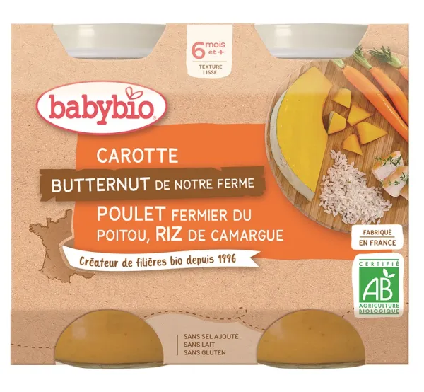 BABYBIO ekologiška morkų, moliūgų, vištienos ir ryžių tyrelė (nuo 6 mėn.) 2x200g