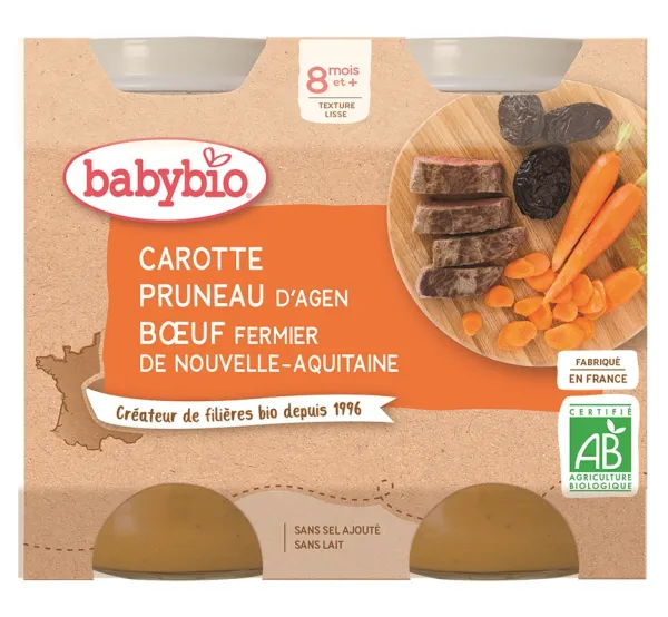 BABYBIO ekologiška morkų, slyvų ir jautienos tyrelė (nuo 8 mėn.) 2x200g
