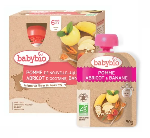 BABYBIO ekologiška obuolių, abrikosų ir bananų tyrelė (nuo 6 mėn.) 4x90g
