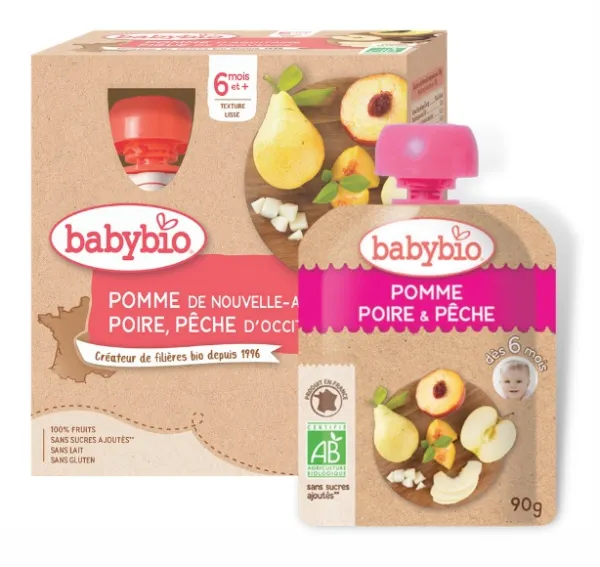 BABYBIO ekologiška obuolių, kriaušių ir persikų tyrelė (nuo 6 mėn.) 4x90g