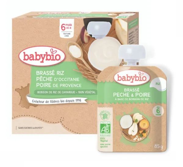 BABYBIO ekologiška ryžių pagrindu pagaminta tyrelė su persikais ir kriaušėmis (nuo 6 mėn.) 4x85g