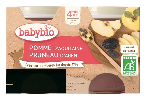 BABYBIO ekologiška obuolių ir slyvų tyrelė (nuo 4 mėn.) 2x130g