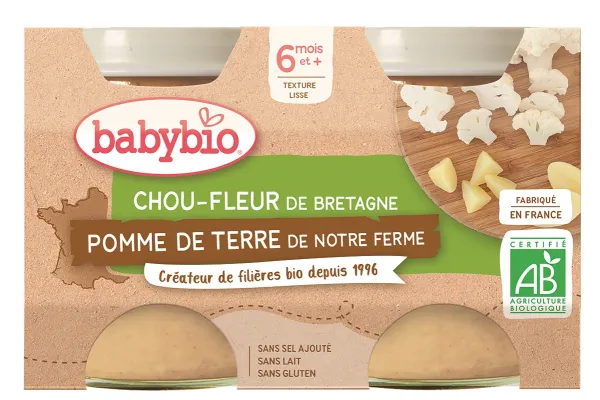 BABYBIO ekologiška žiedinių kopūstų ir bulvių tyrelė (nuo 6 mėn.) 2x130g