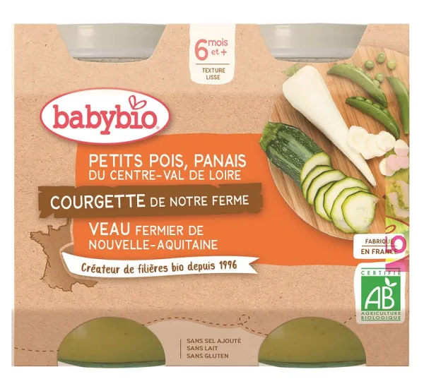 BABYBIO ekologiška žaliųjų žirnelių, pastarnoko, cukinijos ir veršienos tyrelė (nuo 6 mėn.) 2x200g