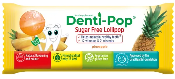 DENTI-POP ananasų skonio čiulpinukas praturtintas 12 vitaminų ir 2 mineralų kompleksu