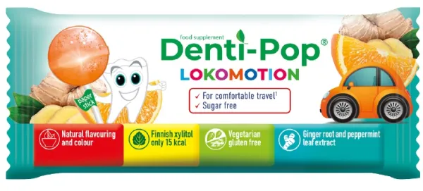 DENTI-POP apelsinų skonio čiulpinukas "Komfortiškam keliavimui"