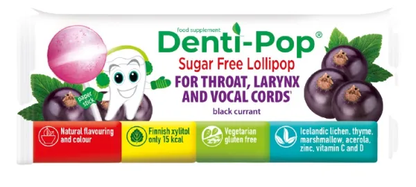 DENTI-POP juodųjų serbentų skonio čiulpinukas "Sveikai gerklei"