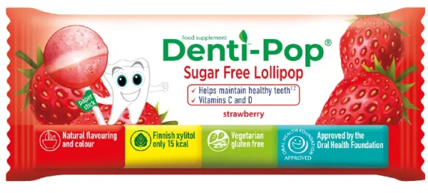 DENTI-POP braškių skonio čiulpinukas su vitaminu C ir D