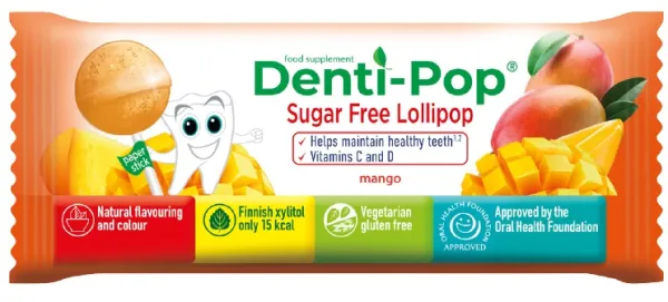 DENTI-POP mangų skonio čiulpinukas su vitaminu C ir D
