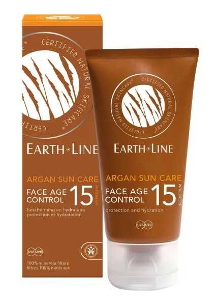 EARTH LINE Argan Sun Care SPF15 kremas veido senėjimo kontrolei (UVA, UVB, 100% mineraliniai filtrai) 50ml