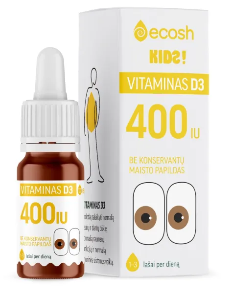 Maisto papildas vaikams ECOSH Kids Vitaminas D3 su kokosų aliejumi 400 IU 10ml
