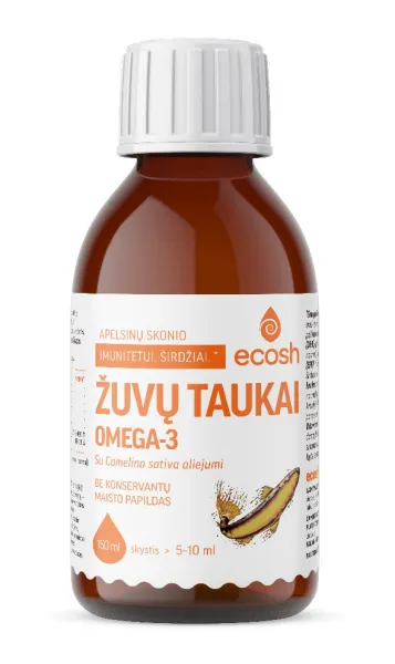 Maisto papildas ECOSH žuvų taukai su Camelina sativa aliejumi, apelsinų skonio 150ml