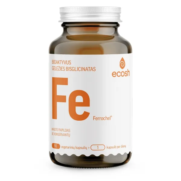 Maisto papildas ECOSH  bioaktyvi Geležis Ferrochel® bisglicinatas 27mg su vitaminu C kapsulės N90