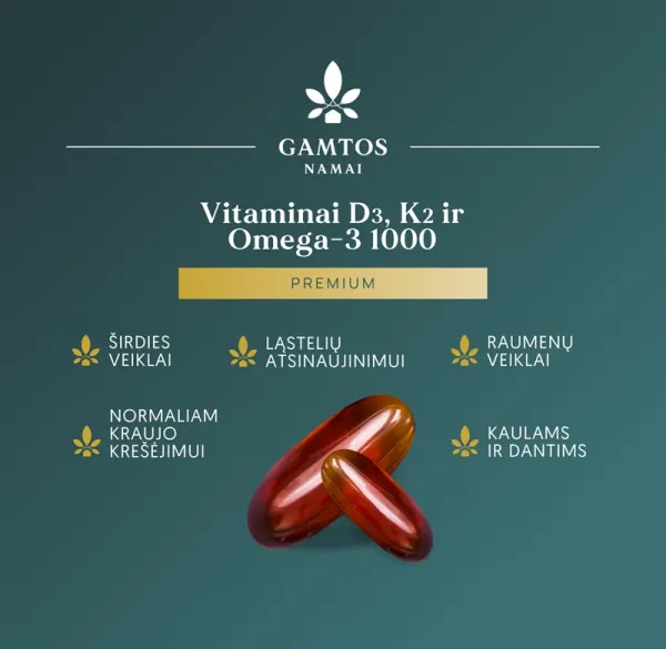 Maisto papildas GAMTOS NAMAI Vitaminai D3 ir K2 Plius OMEGA - 3 1000 Premium kapsulės N60