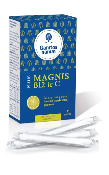 Maisto papildas GAMTOS NAMAI MAGNIS PLIUS Vitaminai B12 ir C (granulės) 21 pak