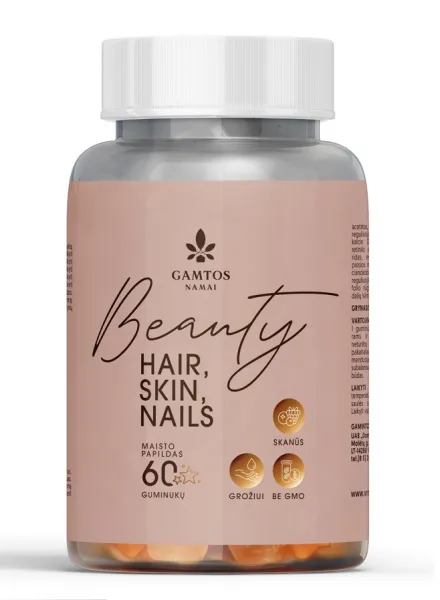 Maisto papildas GAMTOS NAMAI Beauty HAIR, SKIN, NAILS (aviečių ir mėlynių skonio guminukai) N60