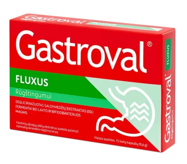 Maisto papildas GASTROVAL Fluxus rūgštingumui kietos kapsulės N15