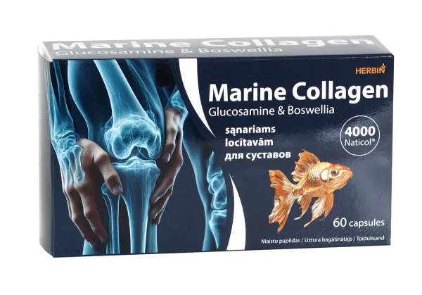 Maisto papildas HERBIN Jūrinis kolagenas NATICOL 4000® su Gliukozaminu ir Bosvelija SĄNARIAMS kapsulės N60