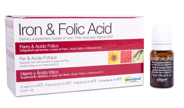 Maisto papildas Iron&Folic acid Geležis su folio rūgštimi ir vitaminu B12 buteliukai 10x10ml