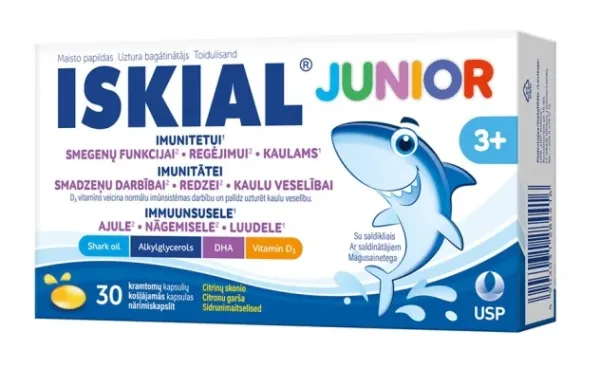 Maisto papildas ISKIAL JUNIOR ryklio kepenų aliejus kramtomosios kapsulės N30