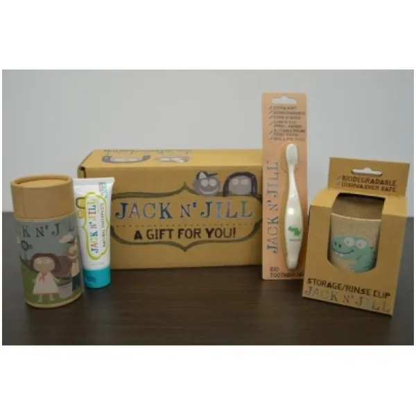 JACK N‘JILL dovanų rinkinys berniukui (pasta, šepetukas, puodelis, krepšys)