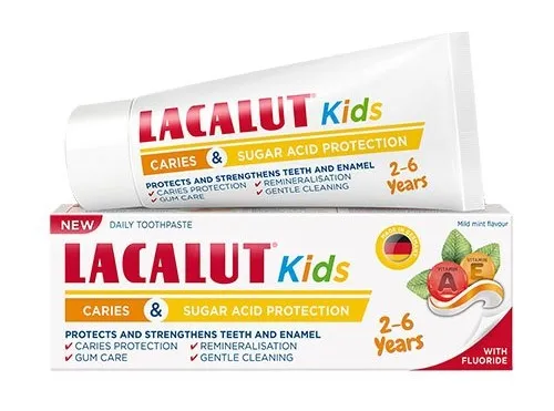 LACALUT Kids dantų pasta 2 - 6 metų vaikams švelnaus mėtų skonio su vitaminais A ir E 55ml