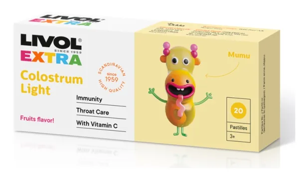 Maisto papildas LIVOL EXTRA vaikams Colostrum Light čiulpiamosios pastilės N20