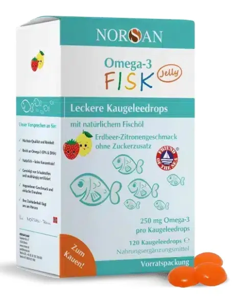 Maisto papildas NORSAN Omega-3 FISK Jelly braškių citrinų skonio guminukai N120