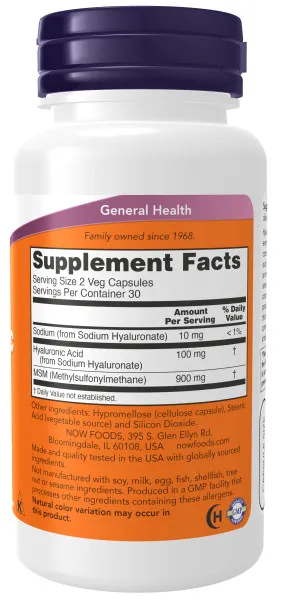 NOW Hyaluronic Acid 50mg+ MSM 60 kaps,