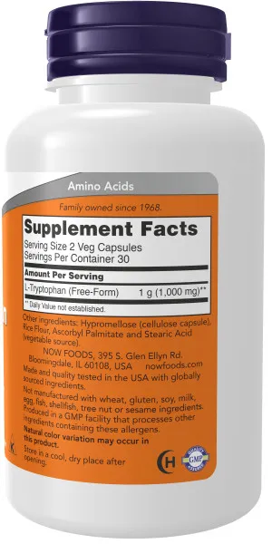 NOW L-Tryptophan 500mg 60 veg, kaps.