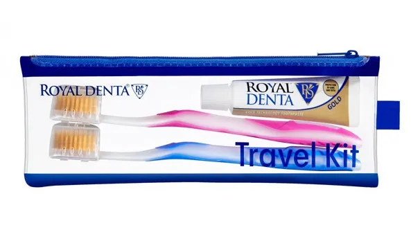 ROYAL DENTA kelionių rinkinys GOLD: dantų pasta + 2 dantų šepetėliai