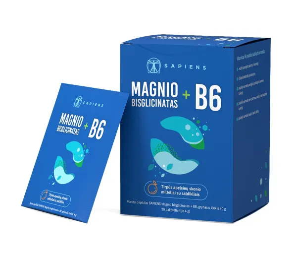 SAPIENS maisto papildas Magnio bisglicinatas + B6 20 paketėlių