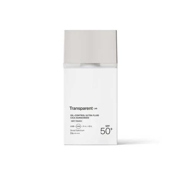 TRANSPARENT Lab Oil Control ultra-fluid Cica Sunscreen apsauga riebiai veido odai su mineraliniais ir cheminiais filtrais SPF50 100ml