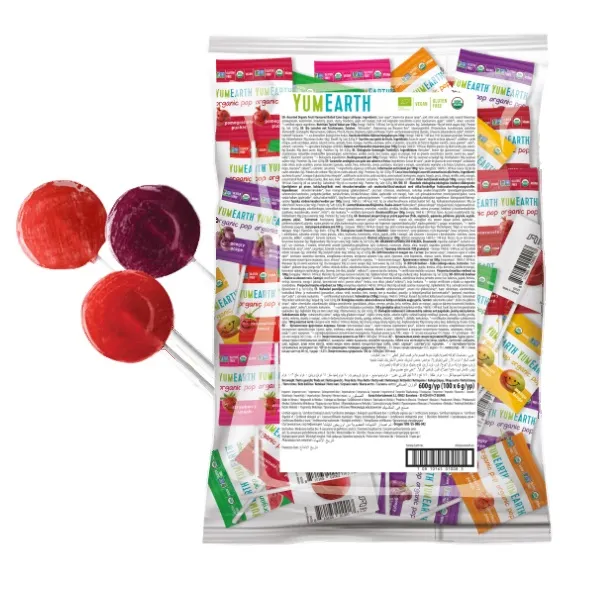 YUMEARTH ekologiški ledinukai (100 vnt.) iš cukranendrių cukraus ant pagaliuko, įvairių vaisių skonio 600g