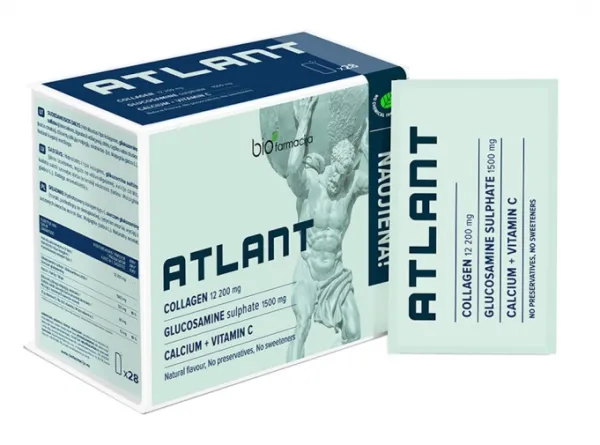 Maisto papildas ATLANT kolageno, gliukozamino ir kalcio kompleksas su vitaminu C milteliai N28
