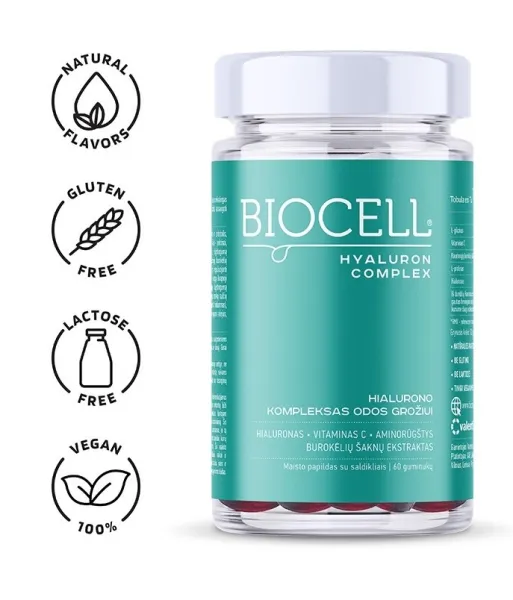 Maisto papildas BIOCELL Hyaluron Complex odos drėkinimui guminukai N60