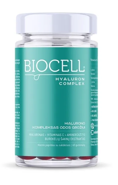 Maisto papildas BIOCELL Hyaluron Complex odos drėkinimui guminukai N60