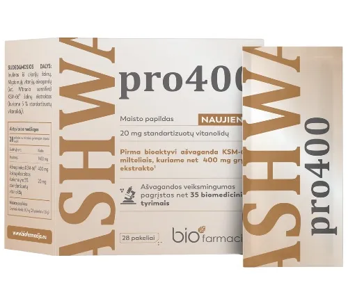 Maisto papildas ASHWA pro 400 mg milteliai geriamąjam tirpalui ruošti N28